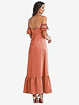 Rear View Thumbnail - Terracotta Copper Ruffled Off-the-Shoulder Tiered Cuff Sleeve Midi Dress