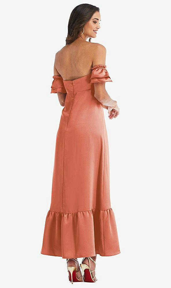 Back View - Terracotta Copper Ruffled Off-the-Shoulder Tiered Cuff Sleeve Midi Dress
