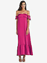 Front View Thumbnail - Think Pink Ruffled Off-the-Shoulder Tiered Cuff Sleeve Midi Dress