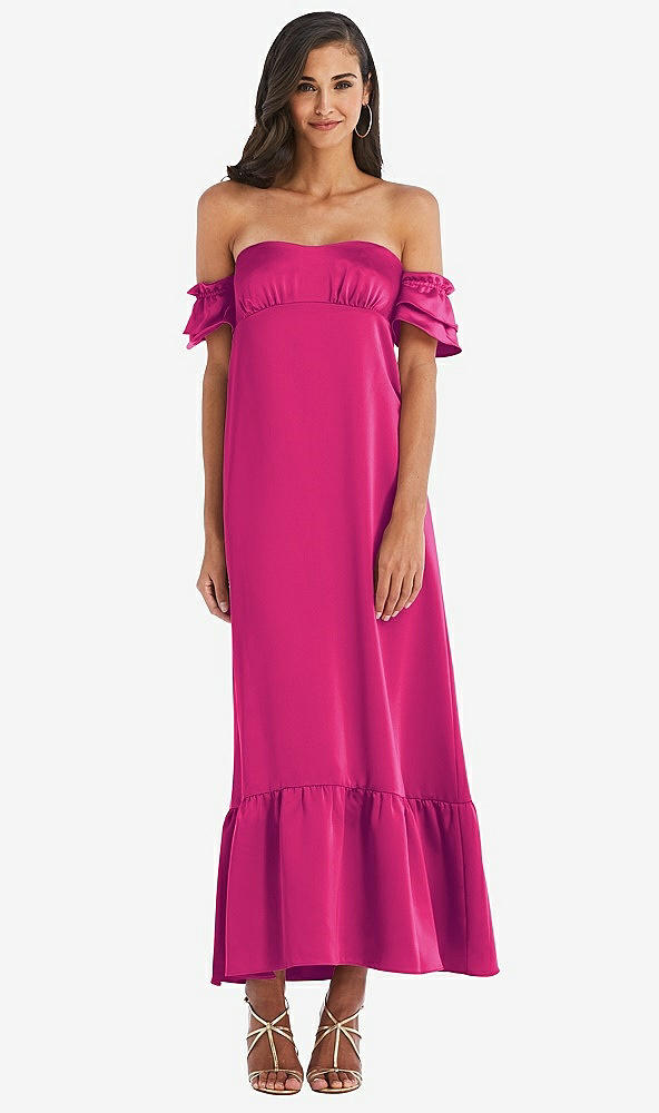 Front View - Think Pink Ruffled Off-the-Shoulder Tiered Cuff Sleeve Midi Dress