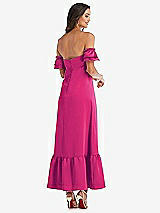 Rear View Thumbnail - Think Pink Ruffled Off-the-Shoulder Tiered Cuff Sleeve Midi Dress