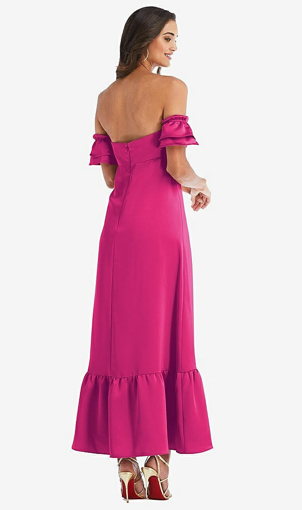 Back View - Think Pink Ruffled Off-the-Shoulder Tiered Cuff Sleeve Midi Dress