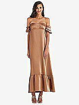 Front View Thumbnail - Toffee Ruffled Off-the-Shoulder Tiered Cuff Sleeve Midi Dress