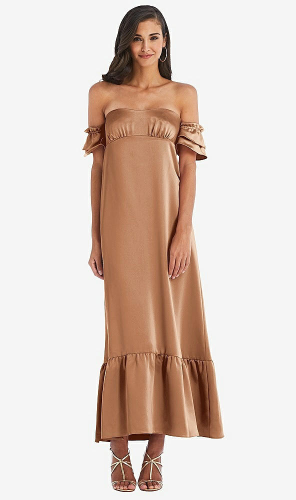 Front View - Toffee Ruffled Off-the-Shoulder Tiered Cuff Sleeve Midi Dress