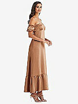 Side View Thumbnail - Toffee Ruffled Off-the-Shoulder Tiered Cuff Sleeve Midi Dress