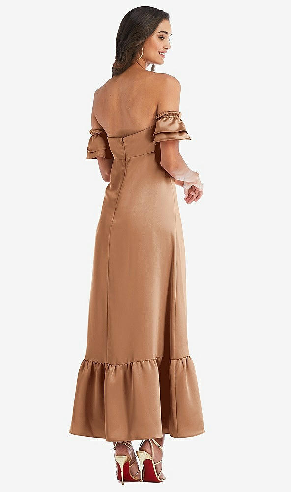 Back View - Toffee Ruffled Off-the-Shoulder Tiered Cuff Sleeve Midi Dress