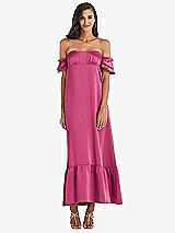 Front View Thumbnail - Tea Rose Ruffled Off-the-Shoulder Tiered Cuff Sleeve Midi Dress