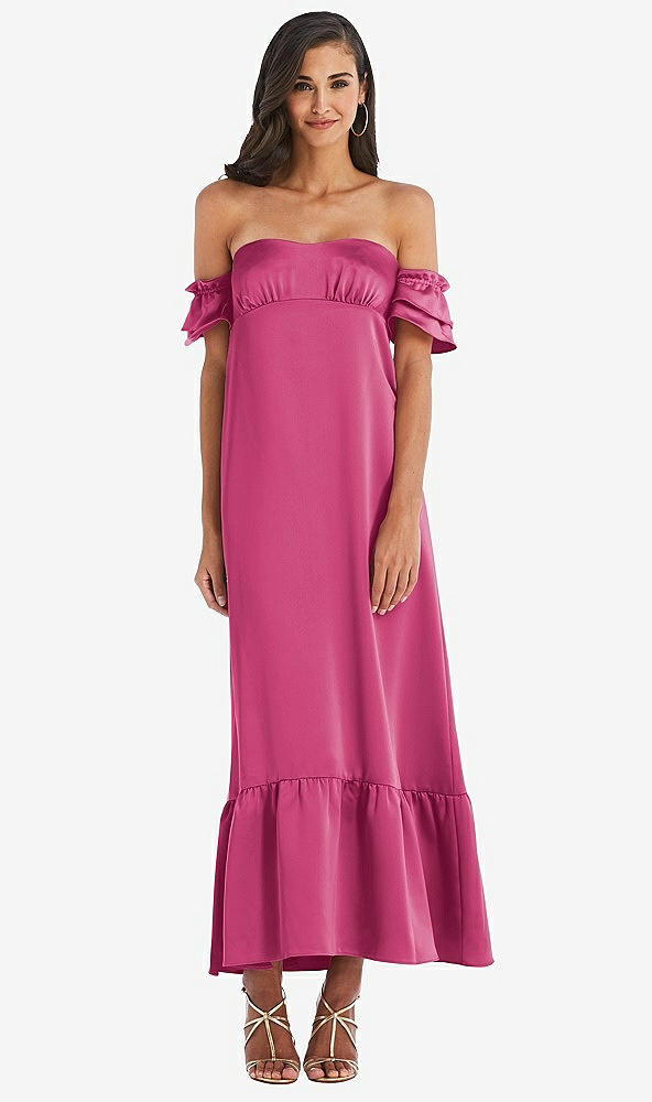 Front View - Tea Rose Ruffled Off-the-Shoulder Tiered Cuff Sleeve Midi Dress