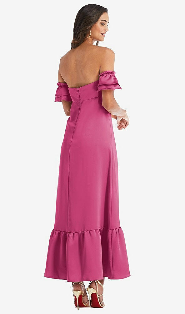 Back View - Tea Rose Ruffled Off-the-Shoulder Tiered Cuff Sleeve Midi Dress