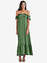 Front View Thumbnail - Vineyard Green Ruffled Off-the-Shoulder Tiered Cuff Sleeve Midi Dress