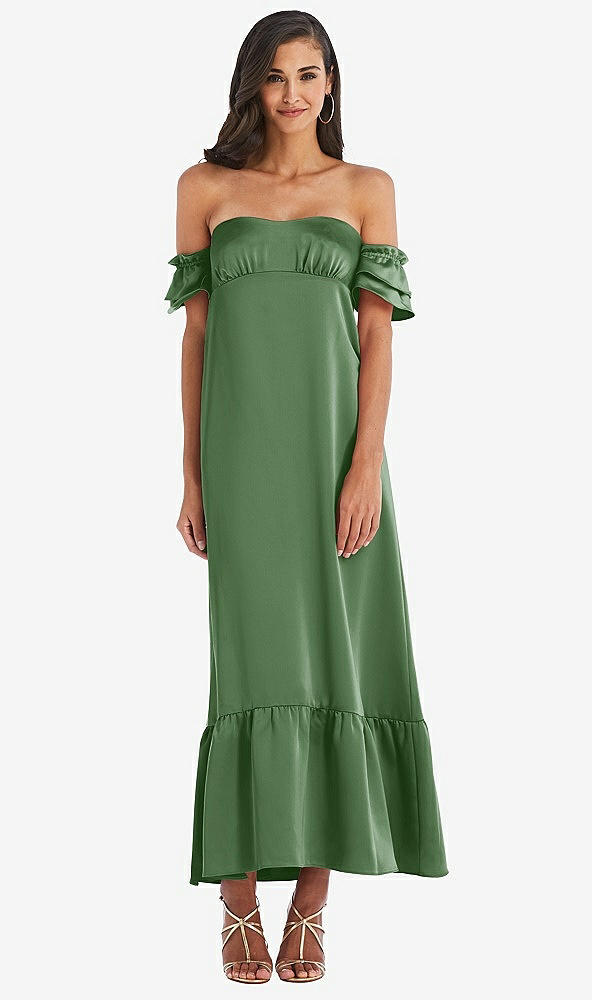 Front View - Vineyard Green Ruffled Off-the-Shoulder Tiered Cuff Sleeve Midi Dress