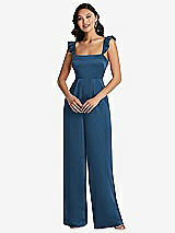 Front View Thumbnail - Dusk Blue Ruffled Sleeve Tie-Back Jumpsuit with Pockets