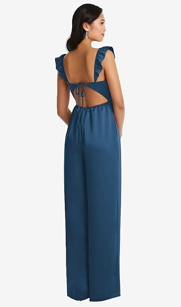 Back View - Dusk Blue Ruffled Sleeve Tie-Back Jumpsuit with Pockets