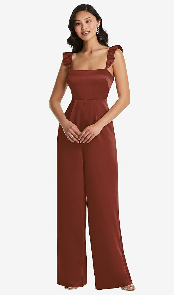 Front View - Auburn Moon Ruffled Sleeve Tie-Back Jumpsuit with Pockets