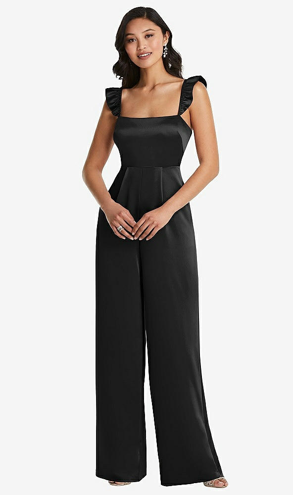 Front View - Black Ruffled Sleeve Tie-Back Jumpsuit with Pockets