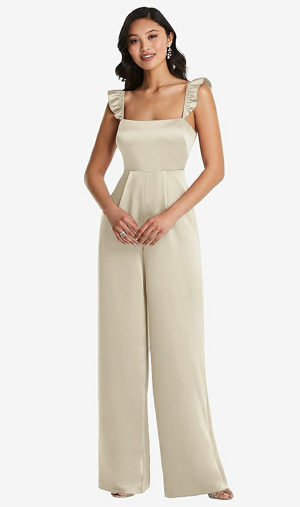 Front View - Champagne Ruffled Sleeve Tie-Back Jumpsuit with Pockets