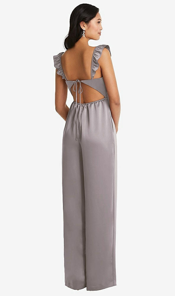Back View - Cashmere Gray Ruffled Sleeve Tie-Back Jumpsuit with Pockets