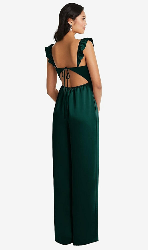 Back View - Evergreen Ruffled Sleeve Tie-Back Jumpsuit with Pockets