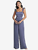 Front View Thumbnail - French Blue Ruffled Sleeve Tie-Back Jumpsuit with Pockets