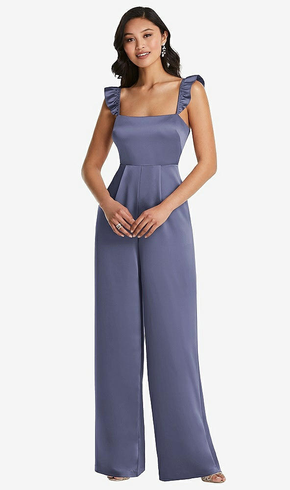 Front View - French Blue Ruffled Sleeve Tie-Back Jumpsuit with Pockets