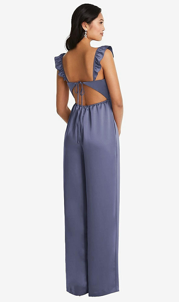 Back View - French Blue Ruffled Sleeve Tie-Back Jumpsuit with Pockets