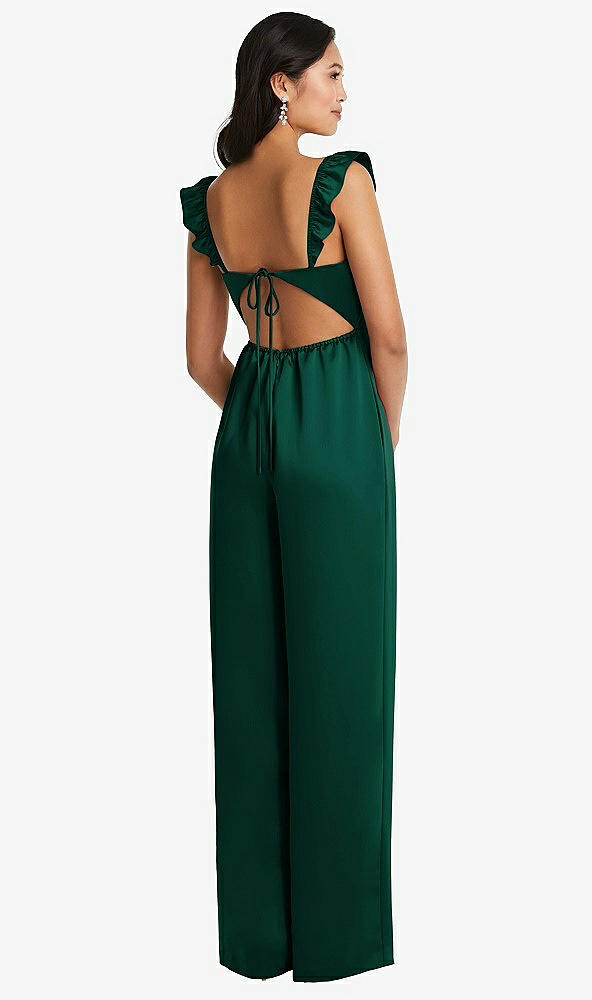 Back View - Hunter Green Ruffled Sleeve Tie-Back Jumpsuit with Pockets