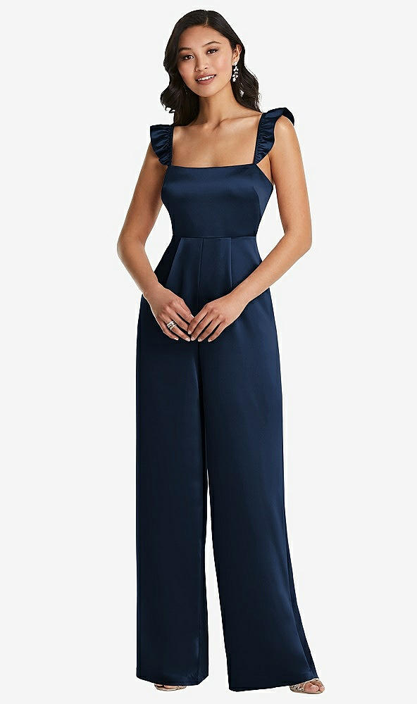 Front View - Midnight Navy Ruffled Sleeve Tie-Back Jumpsuit with Pockets