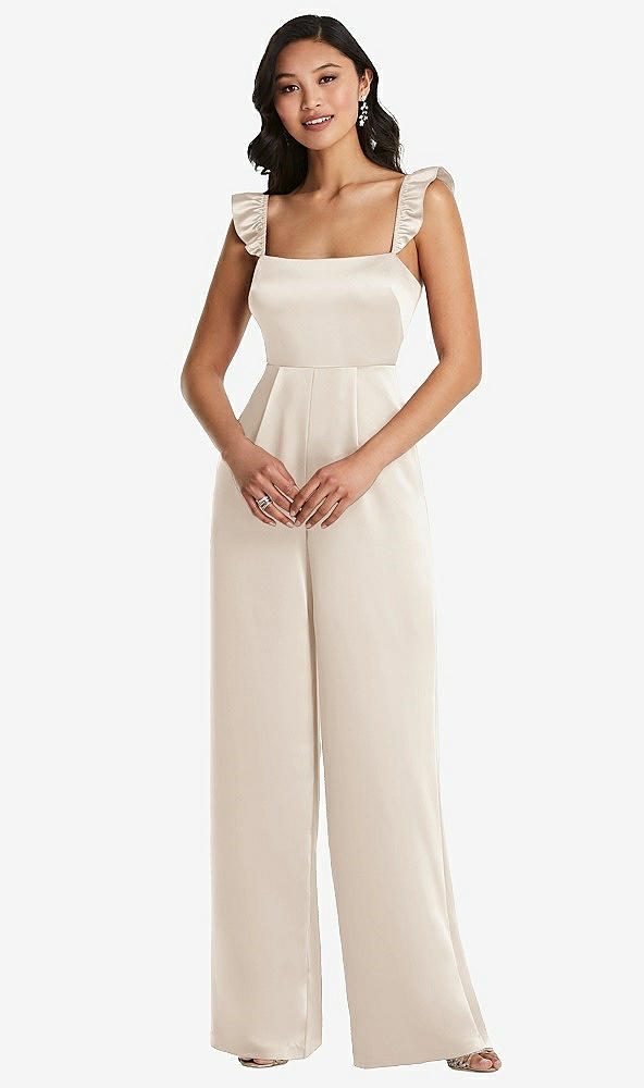 Front View - Oat Ruffled Sleeve Tie-Back Jumpsuit with Pockets