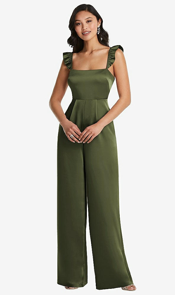 Front View - Olive Green Ruffled Sleeve Tie-Back Jumpsuit with Pockets