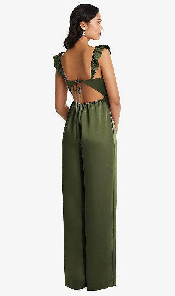 Back View - Olive Green Ruffled Sleeve Tie-Back Jumpsuit with Pockets
