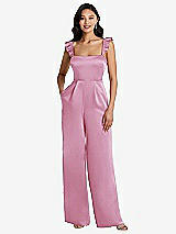 Alt View 1 Thumbnail - Powder Pink Ruffled Sleeve Tie-Back Jumpsuit with Pockets