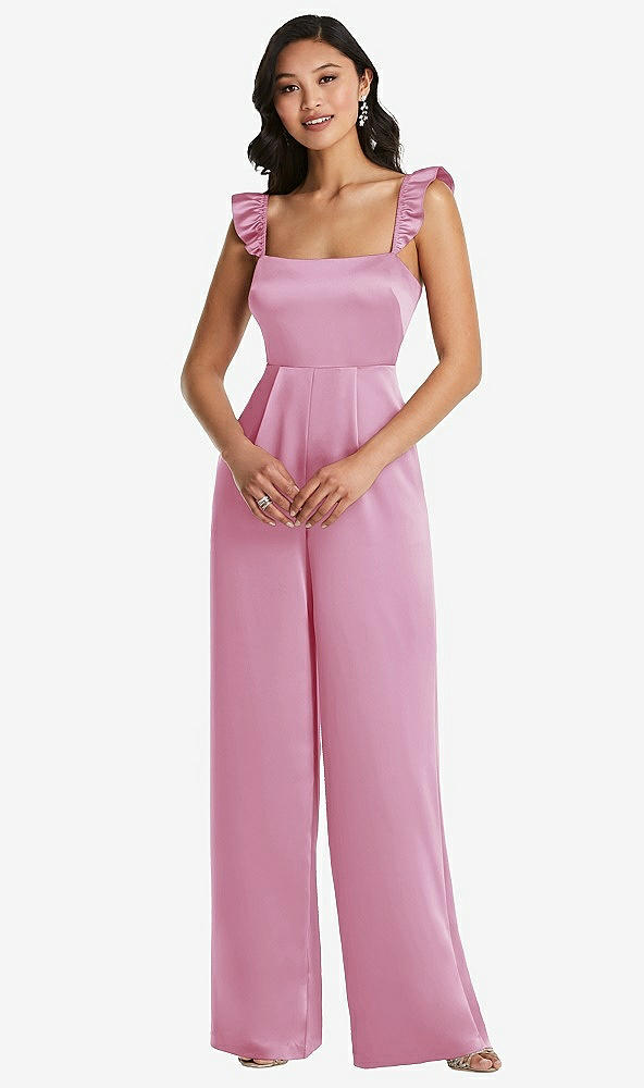 Front View - Powder Pink Ruffled Sleeve Tie-Back Jumpsuit with Pockets