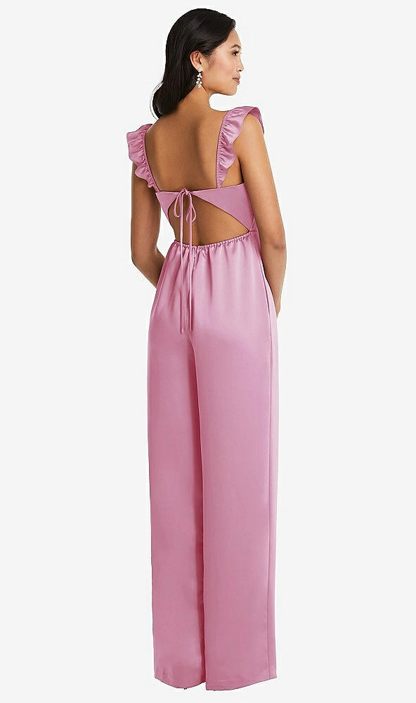 Back View - Powder Pink Ruffled Sleeve Tie-Back Jumpsuit with Pockets