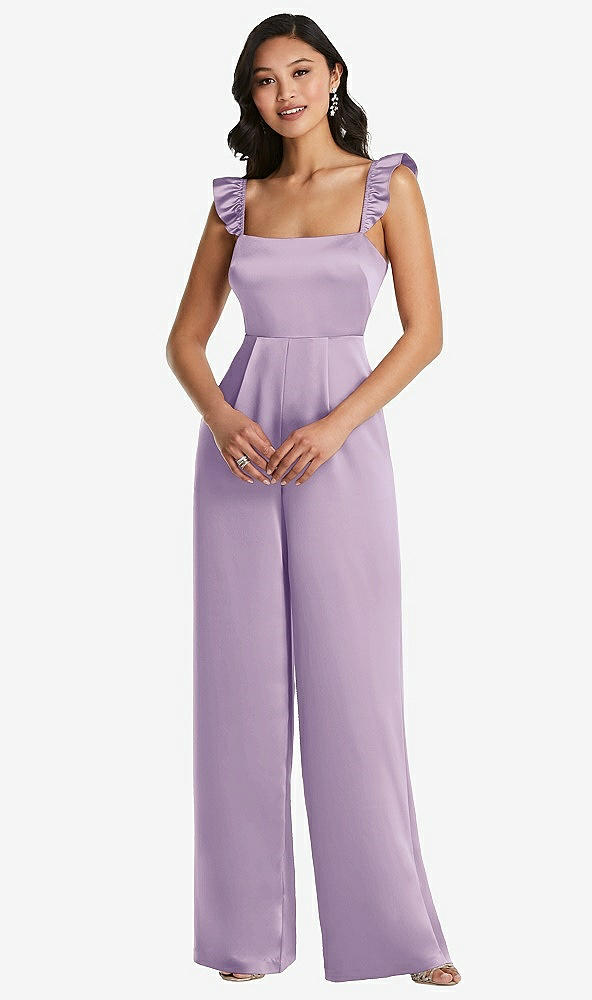Front View - Pale Purple Ruffled Sleeve Tie-Back Jumpsuit with Pockets