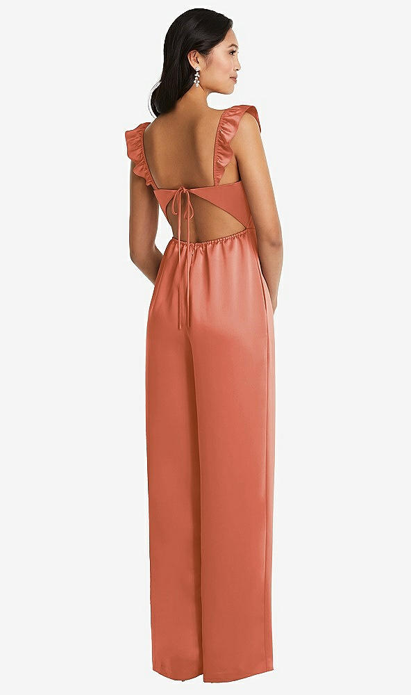 Back View - Terracotta Copper Ruffled Sleeve Tie-Back Jumpsuit with Pockets