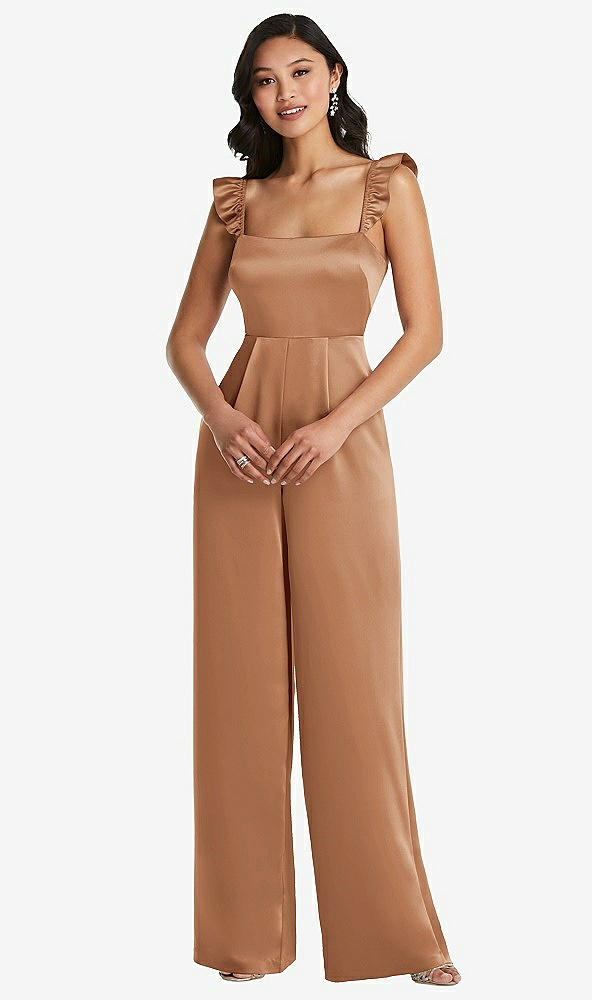 Front View - Toffee Ruffled Sleeve Tie-Back Jumpsuit with Pockets