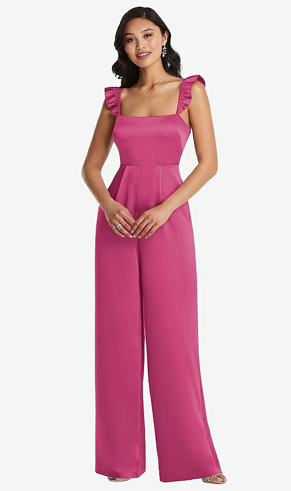 Front View - Tea Rose Ruffled Sleeve Tie-Back Jumpsuit with Pockets