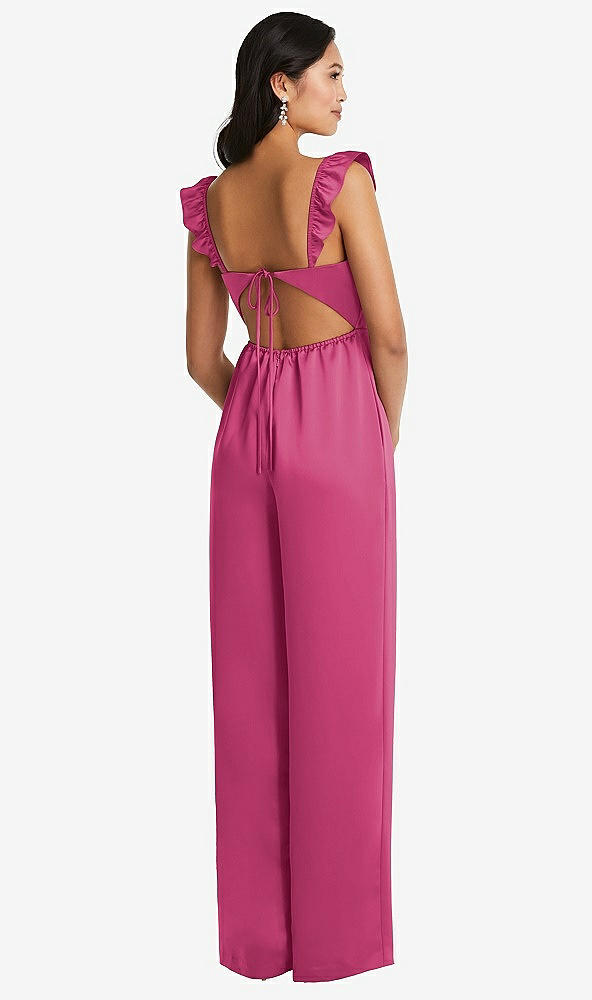 Back View - Tea Rose Ruffled Sleeve Tie-Back Jumpsuit with Pockets