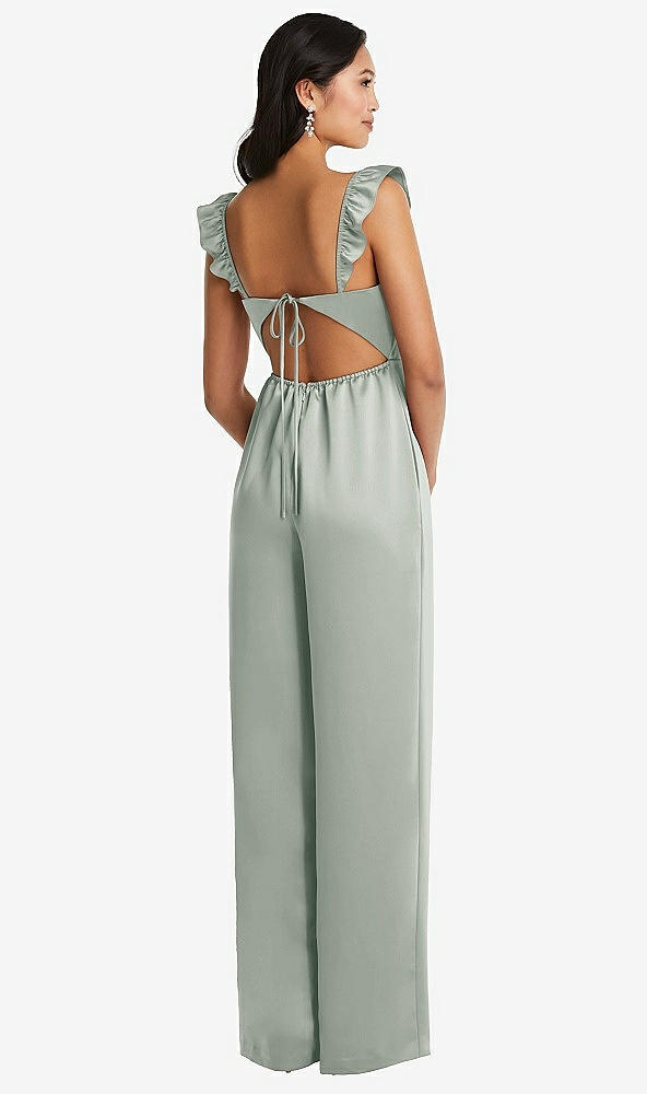 Back View - Willow Green Ruffled Sleeve Tie-Back Jumpsuit with Pockets