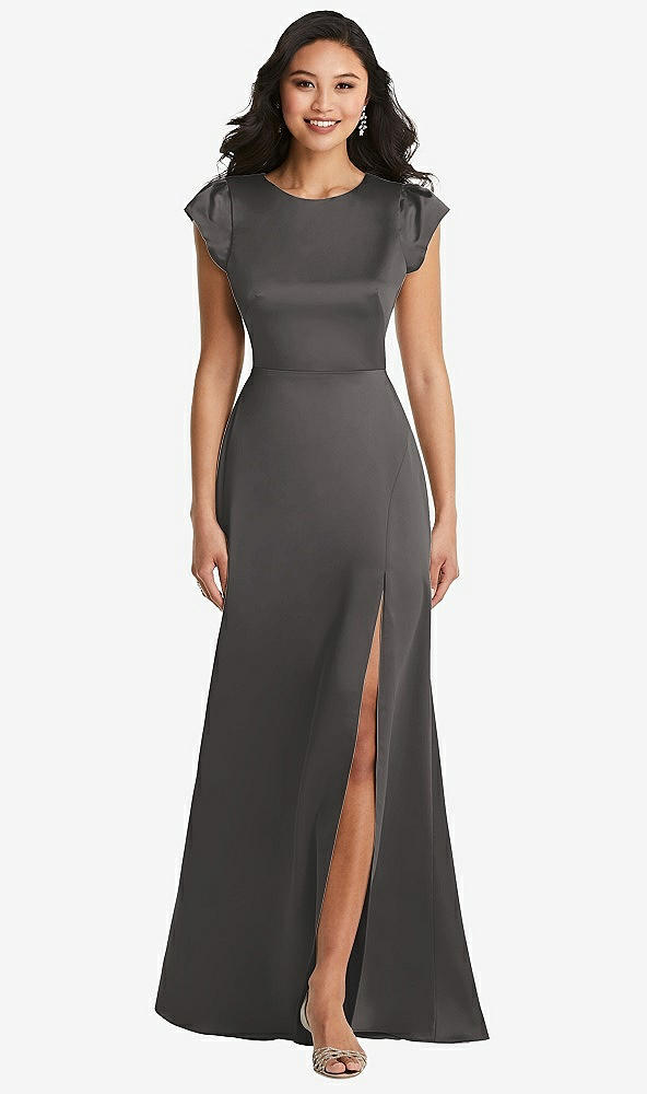 Front View - Caviar Gray Shirred Cap Sleeve Maxi Dress with Keyhole Cutout Back