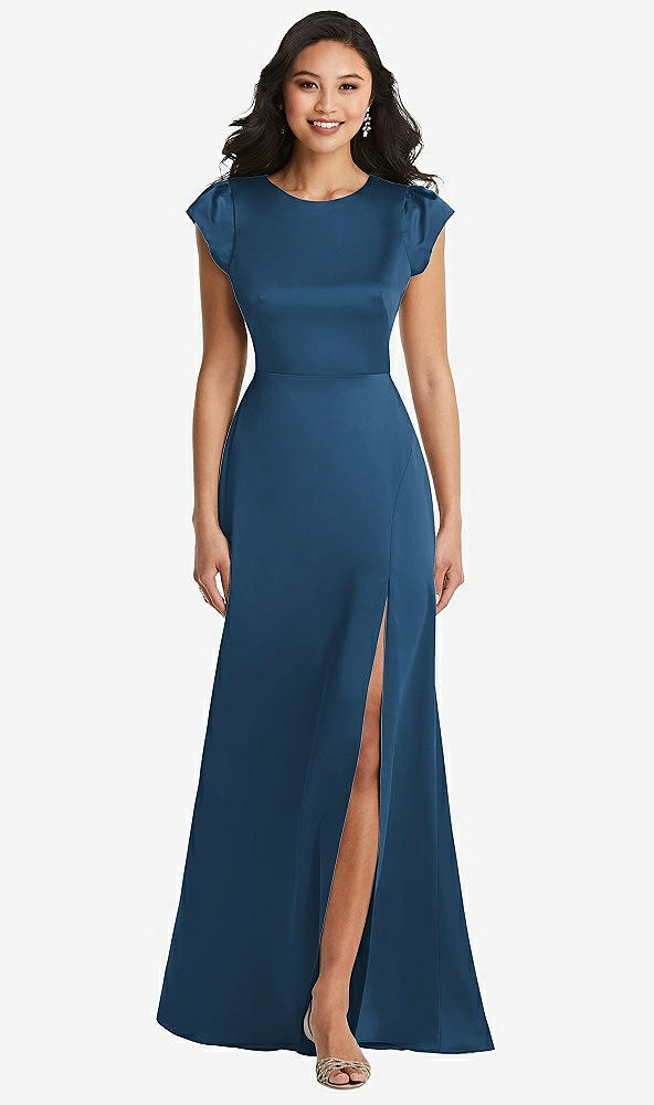 Front View - Dusk Blue Shirred Cap Sleeve Maxi Dress with Keyhole Cutout Back