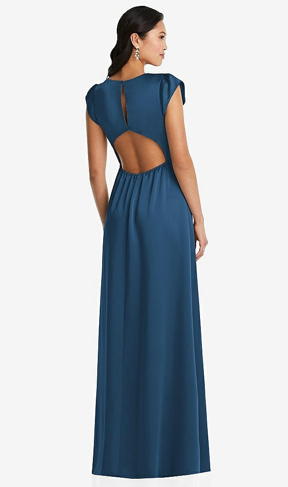 Back View - Dusk Blue Shirred Cap Sleeve Maxi Dress with Keyhole Cutout Back