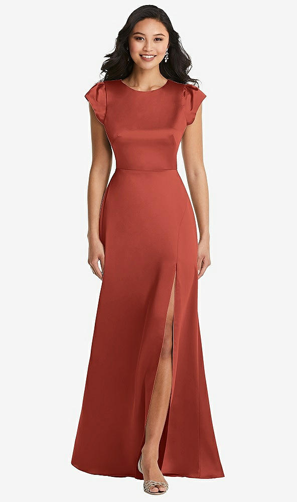 Front View - Amber Sunset Shirred Cap Sleeve Maxi Dress with Keyhole Cutout Back