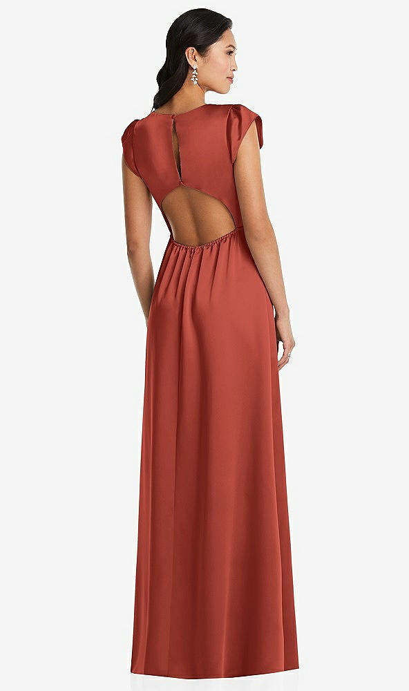 Back View - Amber Sunset Shirred Cap Sleeve Maxi Dress with Keyhole Cutout Back