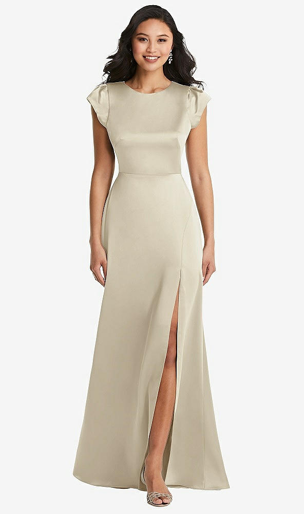 Front View - Champagne Shirred Cap Sleeve Maxi Dress with Keyhole Cutout Back