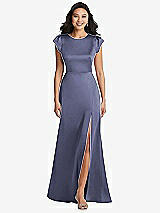 Front View Thumbnail - French Blue Shirred Cap Sleeve Maxi Dress with Keyhole Cutout Back