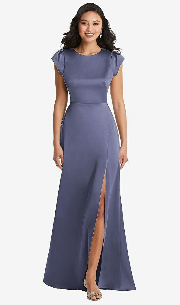Front View - French Blue Shirred Cap Sleeve Maxi Dress with Keyhole Cutout Back