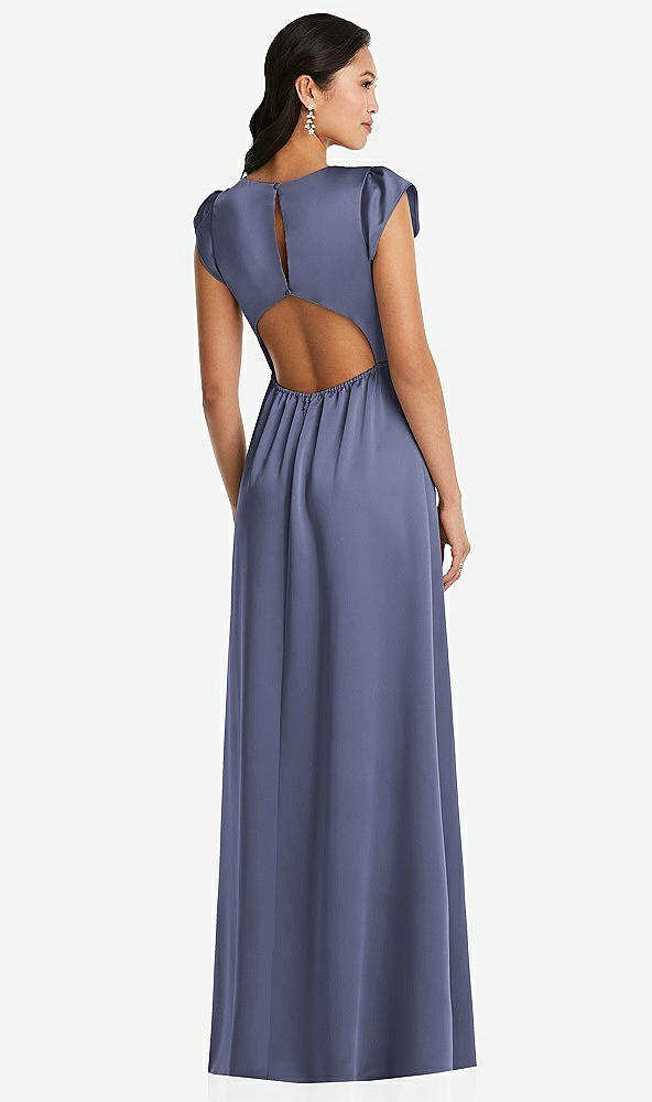 Back View - French Blue Shirred Cap Sleeve Maxi Dress with Keyhole Cutout Back