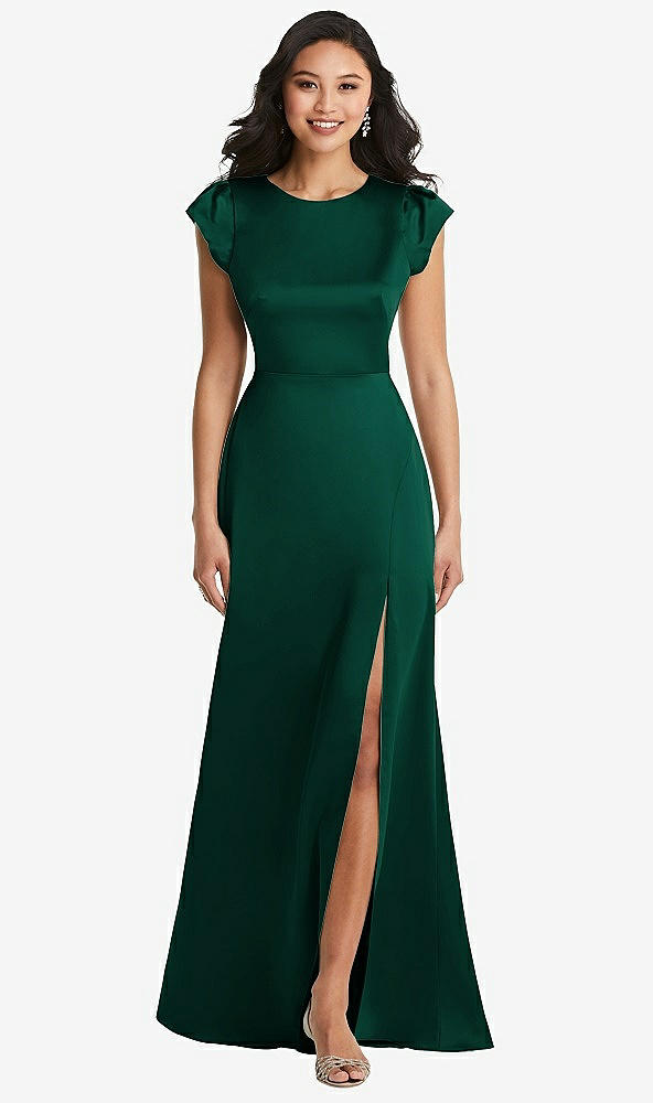 Front View - Hunter Green Shirred Cap Sleeve Maxi Dress with Keyhole Cutout Back