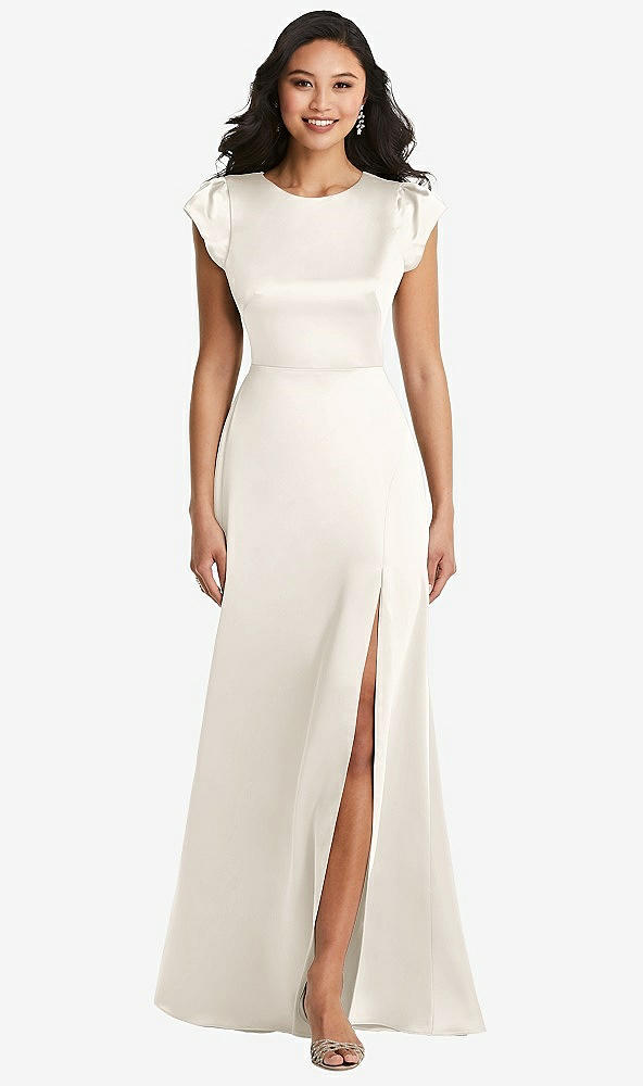 Front View - Ivory Shirred Cap Sleeve Maxi Dress with Keyhole Cutout Back